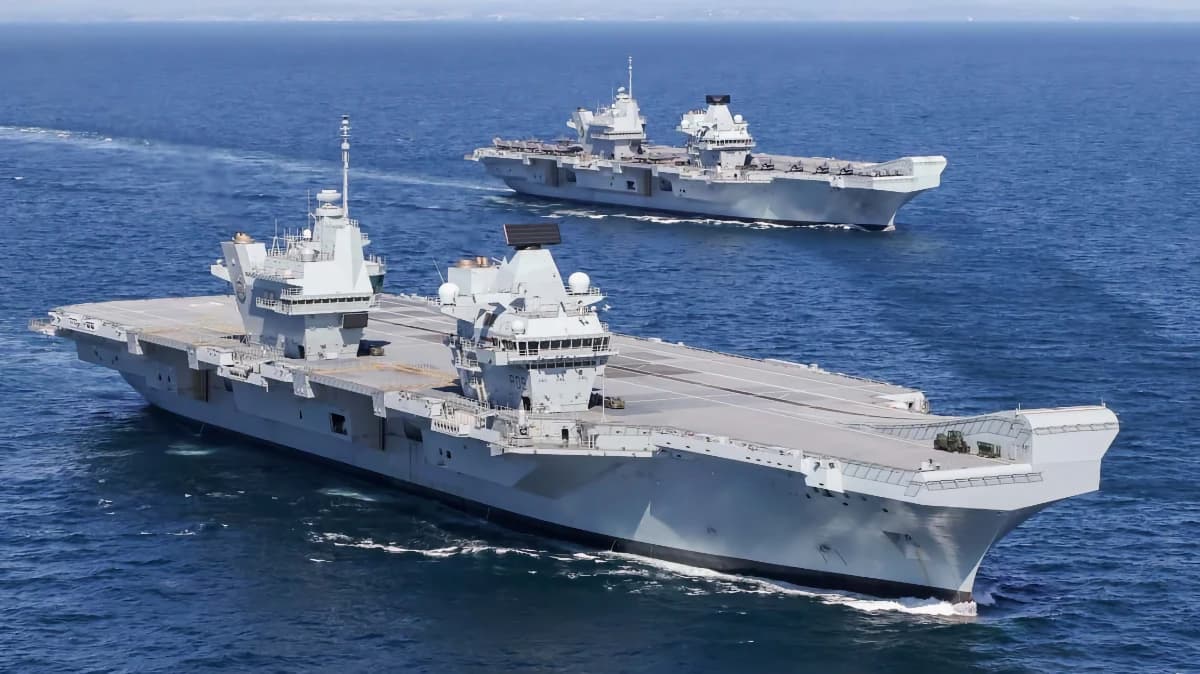 Two Royal Navy Queen Elizabeth-class aircraft carriers under way at sea